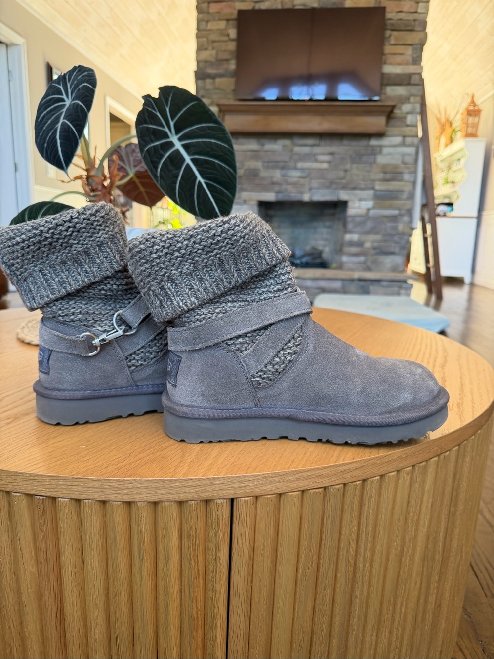 UGG Women's Gray Suede Knit-Cuff Ankle Booties
